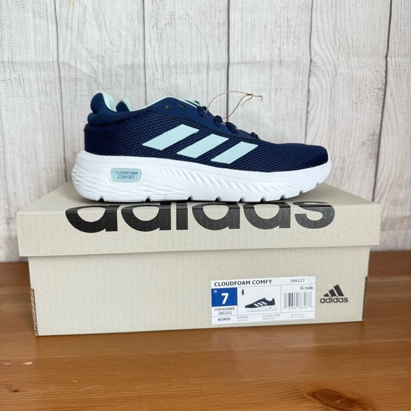 NEW ADIDAS Cloudform Comfort Sneakers Dark Blue/Halo Mint/Cloud White Woman’s 7 - Picture 1 of 5